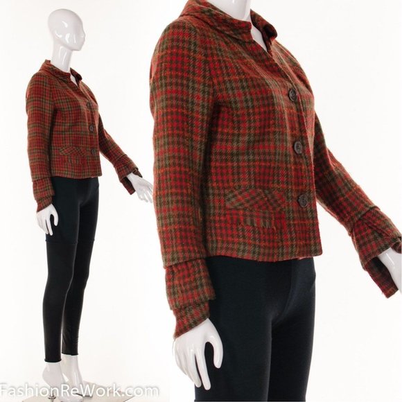 50s RED Plaid Tweed Cropped Jacket Long Sculptural Sleeves Red Plaid Jacke - Picture 2 of 5